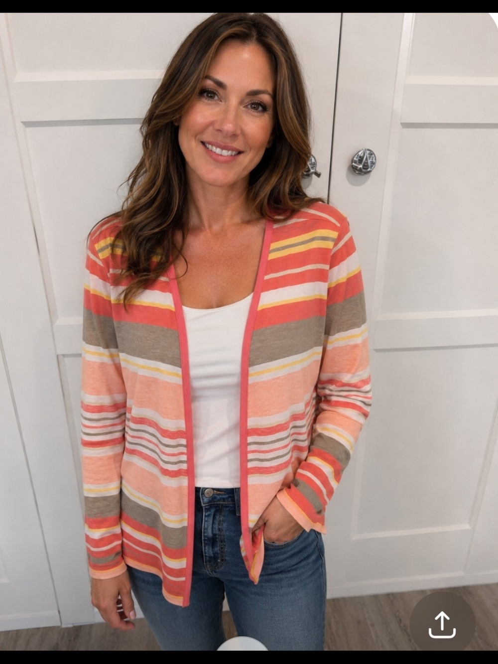 Tommy Bahama Coral, Peach & Neutral Striped Open Cardigan